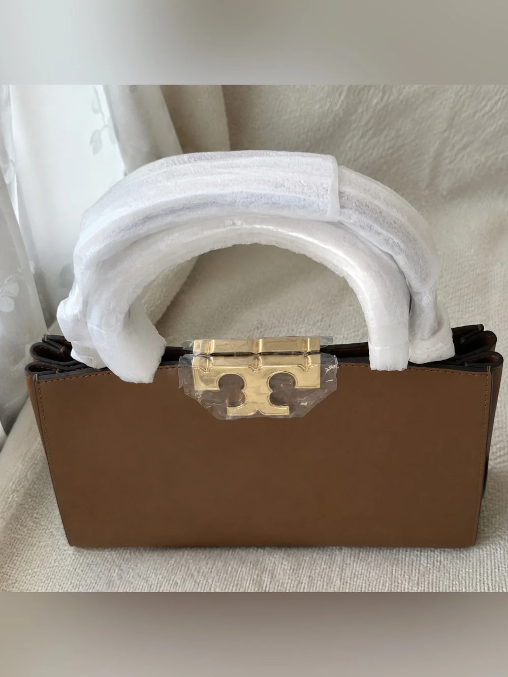 Tory Burch Camel Brown Leather Satchel with Gold Hardware